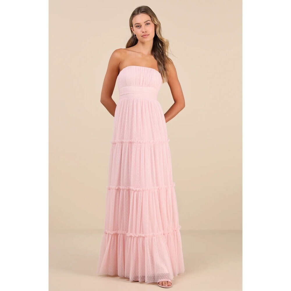 Lulus Sweetness Maxi Dress Womens Large Light Pink Swiss Dot Mesh Strapless New